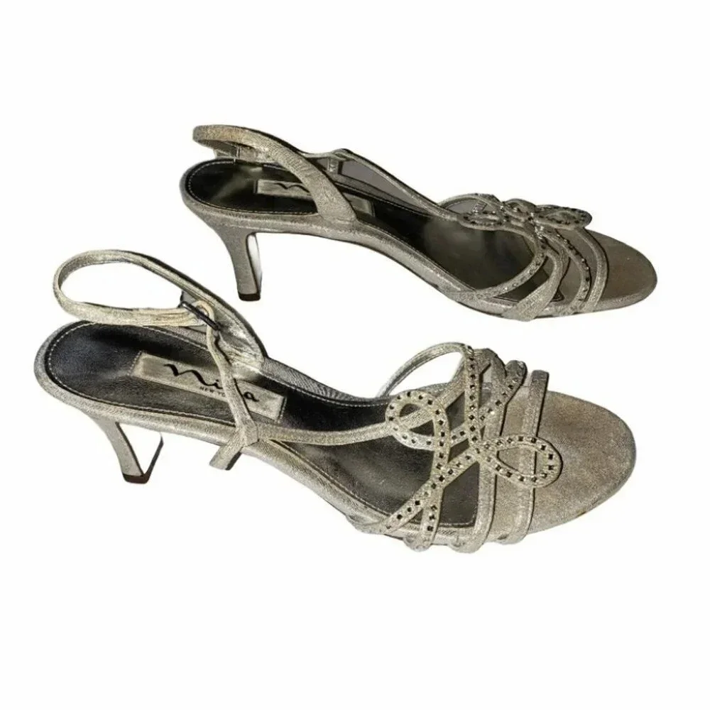 Nina‎ 7.5 silver/ rhinestone metallic strappy heels